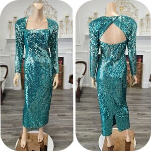 Lillie Rubin Vintage 80s Teal Sequin Pageant Prom Party Formal Dress sz 10